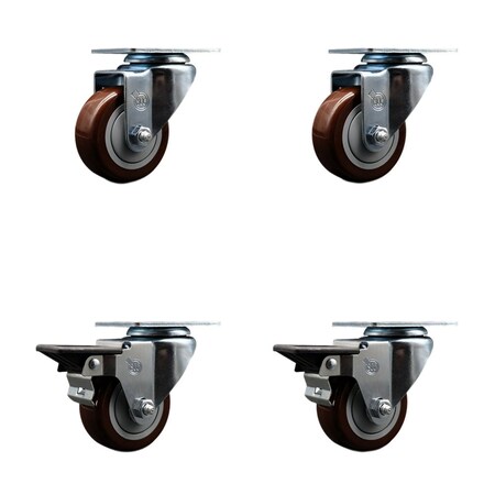 Service Caster 3'' Maroon Poly Wheel Swivel Top Plate Caster Set with 2 Posi Brakes, 4PK SCC-20S314-PPUB-MRN-2-PLB-2